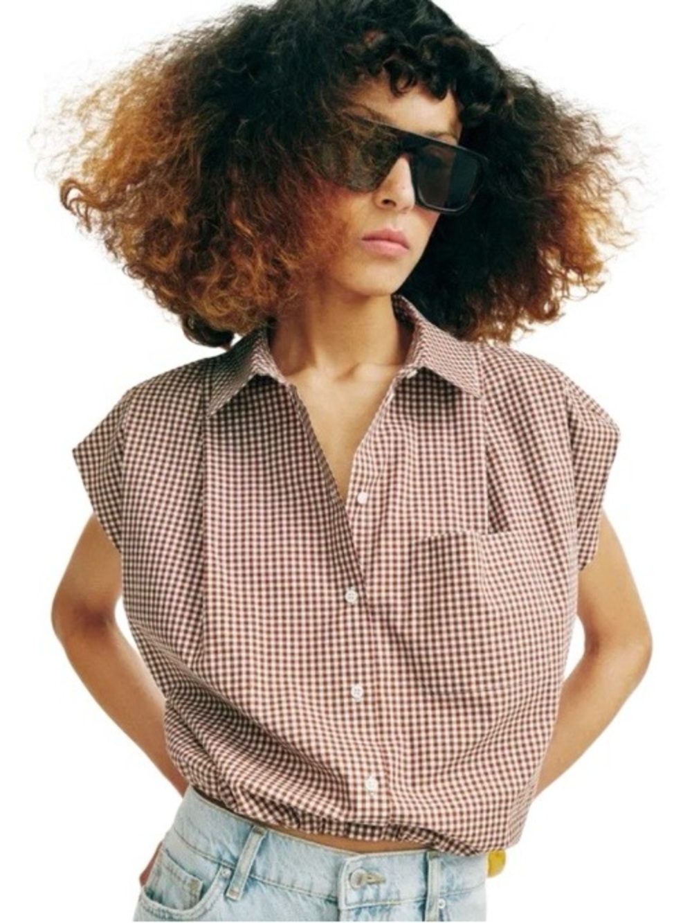 ZARA Brown Gingham Check Cropped Button Down Blouse Capped Sleeves Top Size M